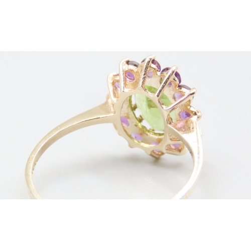 139 - Peridot and Amethyst Set Cluster Ring Mounted in 9 Carat Yellow Gold Ring Size N and a Half As New U... 