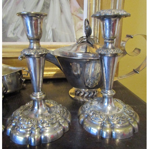 1403 - Collection of Various Silver Plate Including Gravy Boat Lemonade Jug Candle Sticks, etc. Quantity as... 