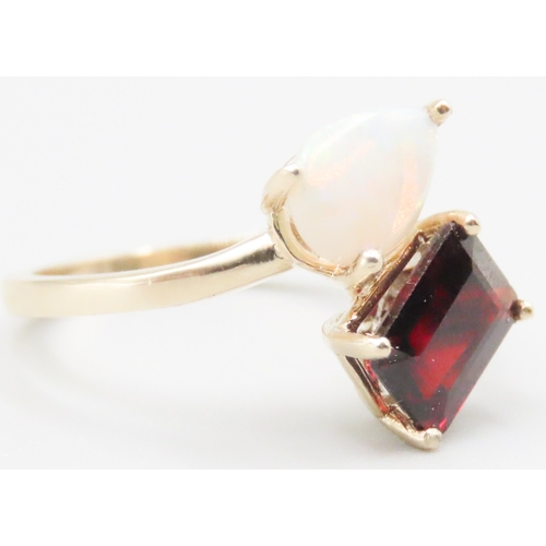 141 - Red Garnet and Opal Set Toi et Moi Ring Mounted in 9 Carat Yellow Gold Ring Size N and a Half As New... 