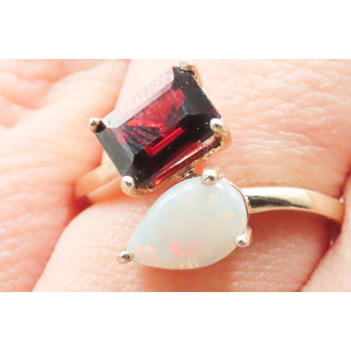 141 - Red Garnet and Opal Set Toi et Moi Ring Mounted in 9 Carat Yellow Gold Ring Size N and a Half As New... 