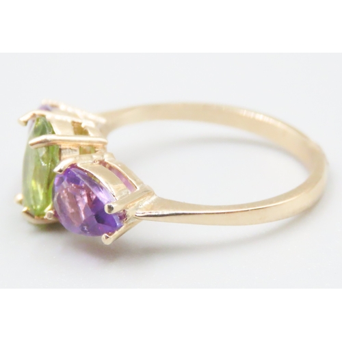 142 - Pear Cut Amethyst and Peridot Set Three Stone Ring Mounted in 9 Carat Yellow Gold Ring Size L and a ... 