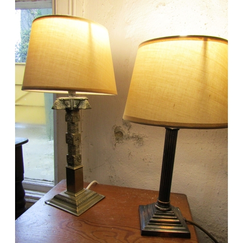 1422 - Two Cast Brass Column Form Table Lamps Each Electrified Working Order Tallest Approximately 16 Inche... 