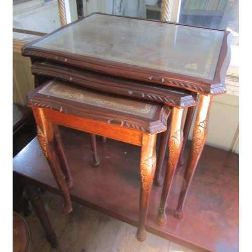 1424 - Set of Three Graduated Form Occasional Tables Inset Gilt Tool Leather Topped Above Carved Supports L... 