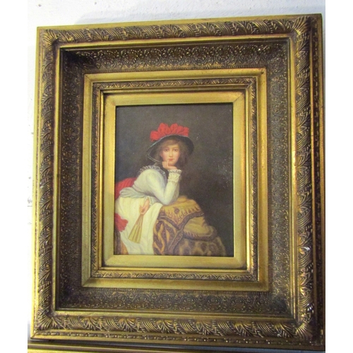 Seated Lady with Hat Contained Within Gilded Frame Oil on Panel Framed Size Approximately 14 Inches High x 10 Inches Wide