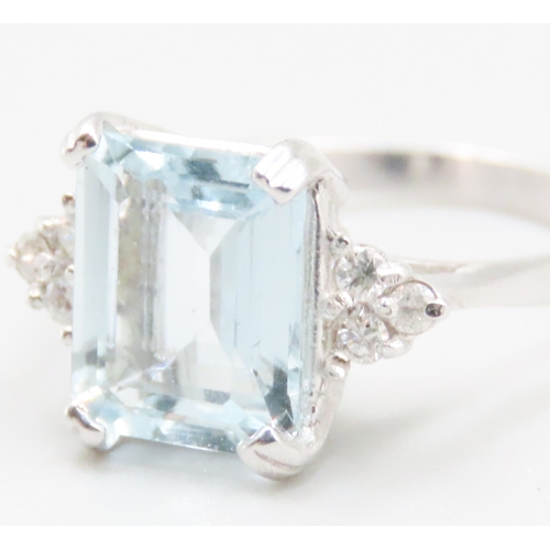 144 - Emerald Cut Aquamarine Centre Stone Ring with Diamonds Set to Shoulders Mounted in 9 Carat White Gol... 