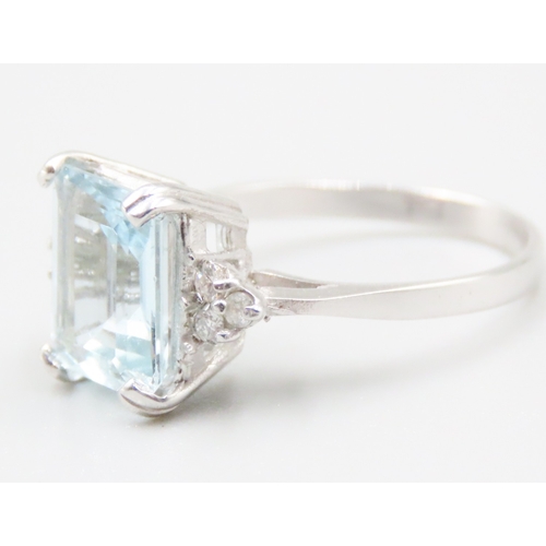 144 - Emerald Cut Aquamarine Centre Stone Ring with Diamonds Set to Shoulders Mounted in 9 Carat White Gol... 