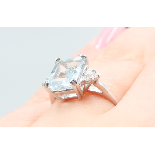 144 - Emerald Cut Aquamarine Centre Stone Ring with Diamonds Set to Shoulders Mounted in 9 Carat White Gol... 