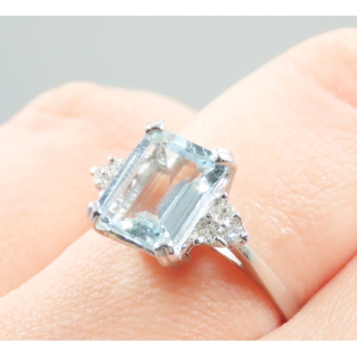 144 - Emerald Cut Aquamarine Centre Stone Ring with Diamonds Set to Shoulders Mounted in 9 Carat White Gol... 