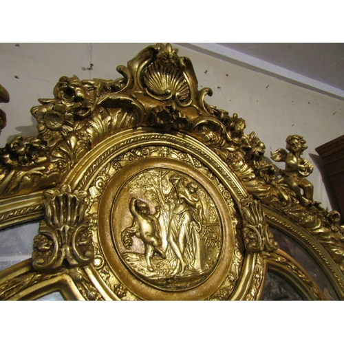 1445 - Large Gilded Wall Mirror Upper Cartouche Decoration Cherup Motifs Approximately 7ft High x 4ft Wide