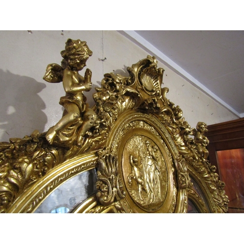 1445 - Large Gilded Wall Mirror Upper Cartouche Decoration Cherup Motifs Approximately 7ft High x 4ft Wide