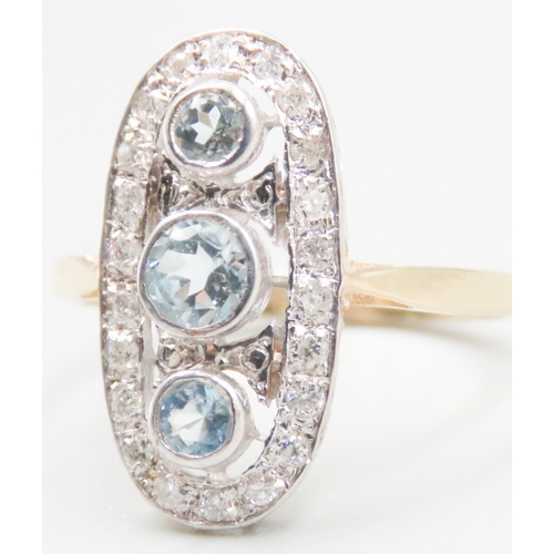 145 - Bezel Set Aquamarine Three Stone Ring with Diamond Cluster Set Surround Mounted in 9 Carat White Gol... 