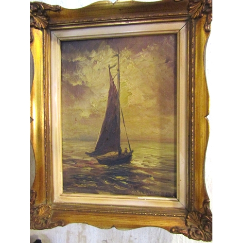 1470 - Marine Scene Sailing Boat Oil on Canvas Approximately 10 Inches High x 8 Inches Wide Signed Indistin... 