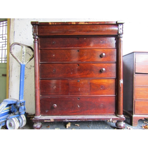 1476 - William IV Large Mahogany Scotch Chest Six Drawers Above Bun Supports Side Pillar Decoration Approxi... 