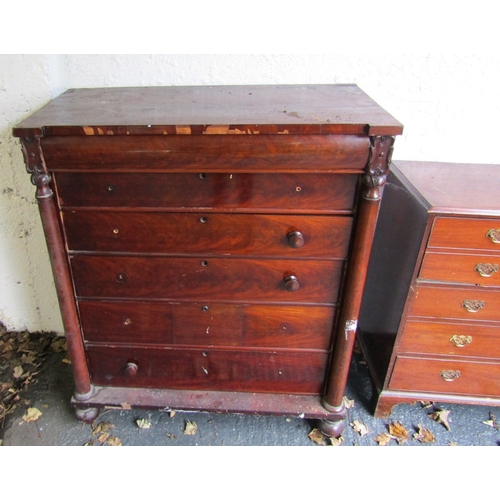 1476 - William IV Large Mahogany Scotch Chest Six Drawers Above Bun Supports Side Pillar Decoration Approxi... 