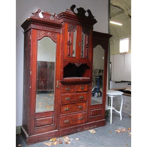 1482 - Walnut and Mahogany Victorian Wardrobe Twin Mirror Doors Drawer Centre Section with Further Mirrored... 