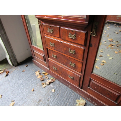 1482 - Walnut and Mahogany Victorian Wardrobe Twin Mirror Doors Drawer Centre Section with Further Mirrored... 