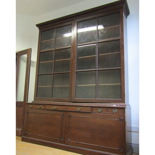 1487 - Antique Mahogany Estate Bookcase with Pullout Secretaire Centre Drawer Above Cupboard Doors Approxim... 