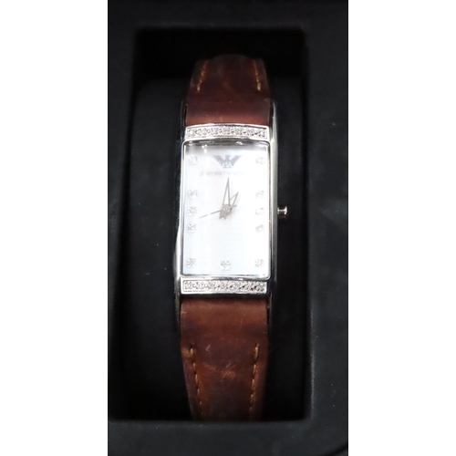 154 - Emporio Armani Ladies Wristwatch Diamond Set Mother of Pearl Dial Brown Leather Strap with Original ... 