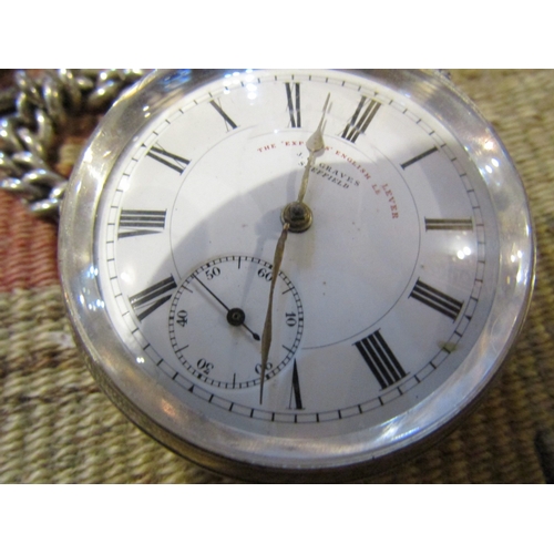 1576 - Silver Cased Pocket Watch by Graves with Key and Silver Watch Chain