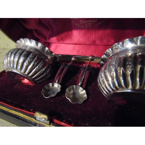 1577 - Pair of Silver Table Cruets with Matching Silver Spoons Contained Within Original Presentation Box