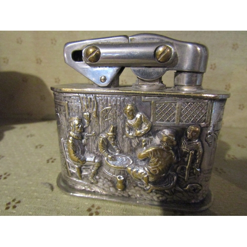 1578 - Table Lighter Decorated with Tavern Scene Silver Plated Approximately 7cm Wide Makers Mark KW to Bas... 