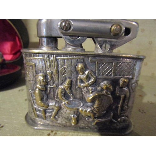 1578 - Table Lighter Decorated with Tavern Scene Silver Plated Approximately 7cm Wide Makers Mark KW to Bas... 