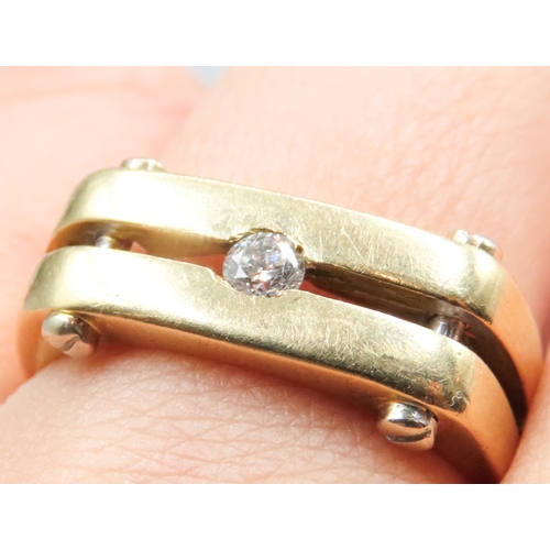 16 - Diamond Set Bar Form Single Stone Ring Screw Motifs Mounted in 18 Carat Yellow Gold Ring Size X