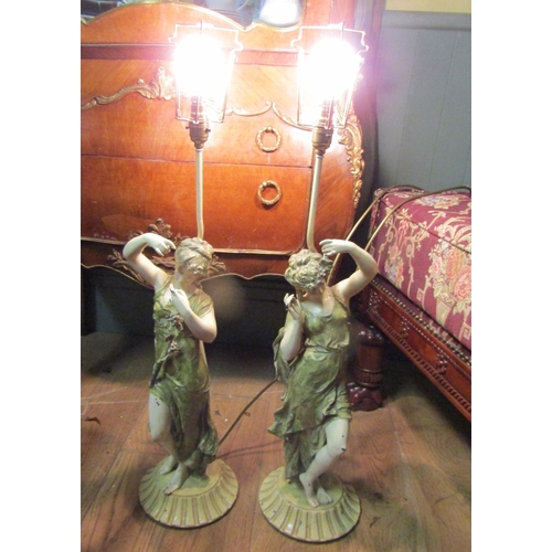 1604 - Pair of Antique Figural Form Table Lamps Each Electrified Working Order Approximately 30 Inches High