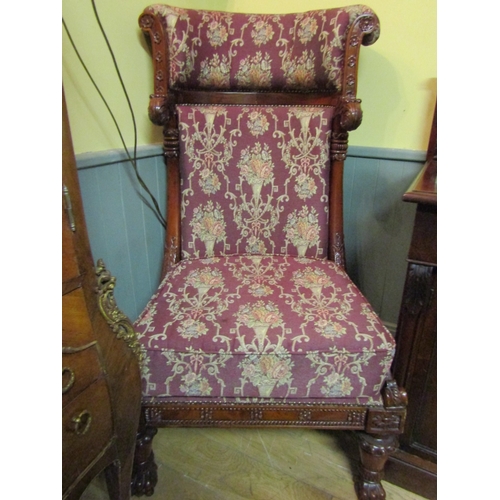 1610 - Large Damask Upholstered Mahogany Framed Armchair After a Design by Thomas Hope Paw Carved Supports ... 