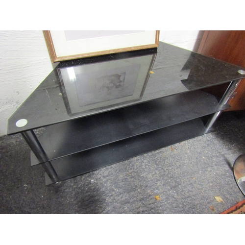 1630 - Plate Glass Two Tier Chrome Pillar Entertainment Unit Approximately 3ft 6 Inches Wide x 22 Inches Hi... 