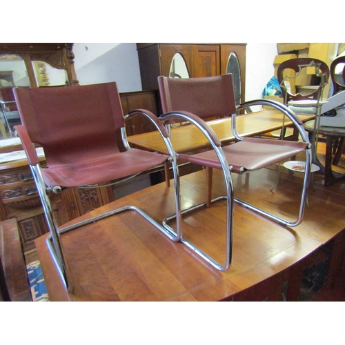 1645 - Pair of Vintage Chrome Plated Leather Upholstered Armchairs