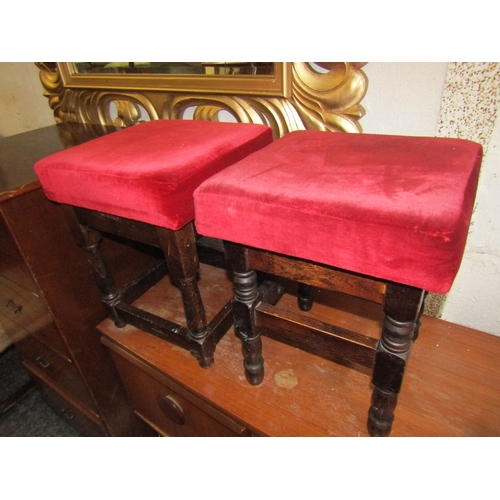 1660 - Two Mahogany Framed Velvet Upholstered Low Table Bar Stools