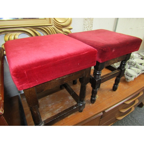 1660 - Two Mahogany Framed Velvet Upholstered Low Table Bar Stools