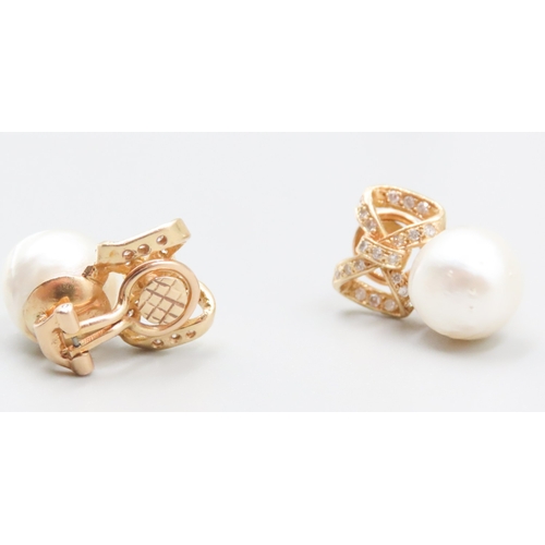 167 - Pair of Baroque Pearl Set Bow Form 18 Carat Yellow Gold Earrings with Further Diamond Insets 2cm Hig... 