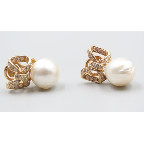 167 - Pair of Baroque Pearl Set Bow Form 18 Carat Yellow Gold Earrings with Further Diamond Insets 2cm Hig... 