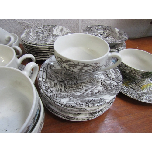 1673 - Wedgewood Old English Village Pattern Cups Saucers Soup Spoons, etc. Quantity as Photographed