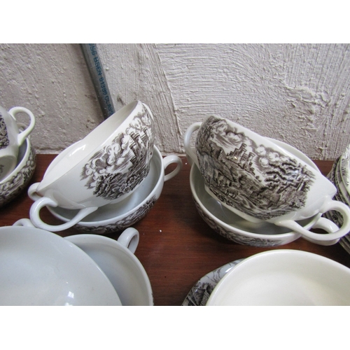 1673 - Wedgewood Old English Village Pattern Cups Saucers Soup Spoons, etc. Quantity as Photographed