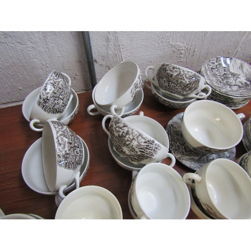 1673 - Wedgewood Old English Village Pattern Cups Saucers Soup Spoons, etc. Quantity as Photographed