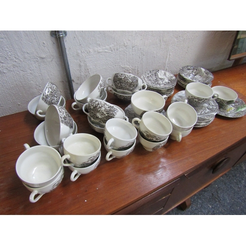 1673 - Wedgewood Old English Village Pattern Cups Saucers Soup Spoons, etc. Quantity as Photographed