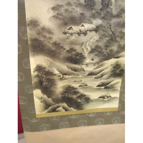 1675 - Oriental Scroll Approximately 6ft High Depicting River Scene Mountains Beyond