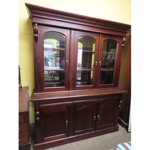 1680 - Mahogany Three Door Cabinet Upper Glazed Part Above Cupboard Doors 6ft 6 Inches Wide Approximately x... 