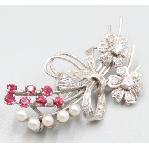 170 - Diamond Seed Pearl and Ruby Set Floral Motif Brooch Mounted in 18 Carat White Gold 4cm Wide