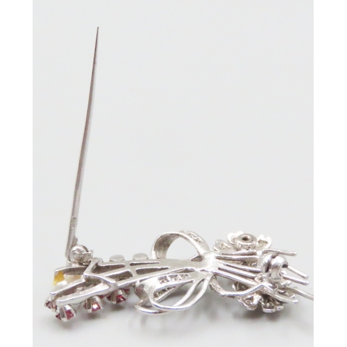 170 - Diamond Seed Pearl and Ruby Set Floral Motif Brooch Mounted in 18 Carat White Gold 4cm Wide