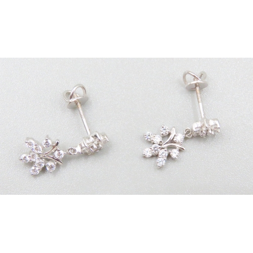 182 - Pair of White Sapphire Set Ladies Cluster Earrings Mounted in 18 Carat White Gold 2cm High