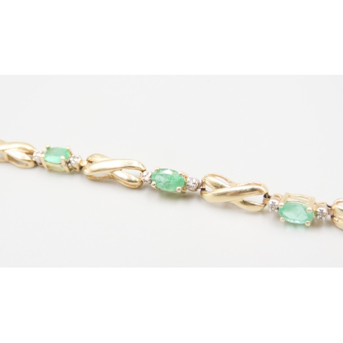 185 - Emerald and Diamond Set Ladies Crossover Link Bracelet Mounted in 14 Carat Yellow Gold 18cm Long