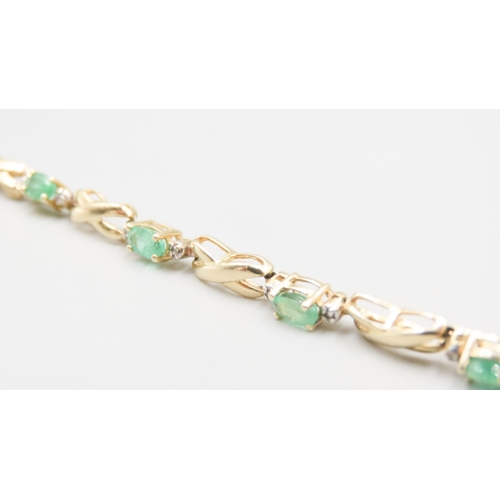 185 - Emerald and Diamond Set Ladies Crossover Link Bracelet Mounted in 14 Carat Yellow Gold 18cm Long