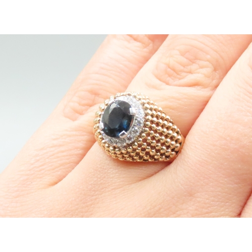 186 - Sapphire Centre Stone Ring with Diamond Set Halo Surround Bead Motif Dome Form Mounted in 14 Carat Y... 