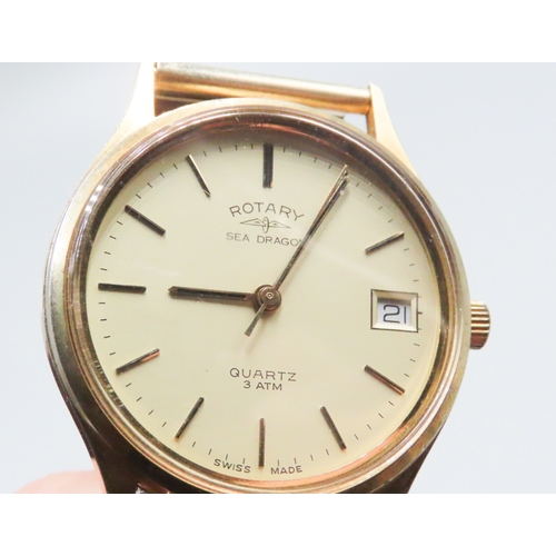 206 - Rotary Sea Dragon Gold Tone Swiss Made Quartz Wristwatch Champagne Dial Date Aperture with Original ... 