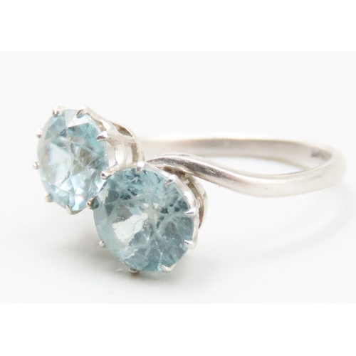 216 - Twin stone Swiss Blue Topaz Set Ring Wrap Around Form Mounted in Platinum Ring Size R