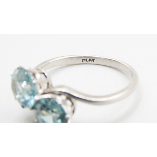 216 - Twin stone Swiss Blue Topaz Set Ring Wrap Around Form Mounted in Platinum Ring Size R